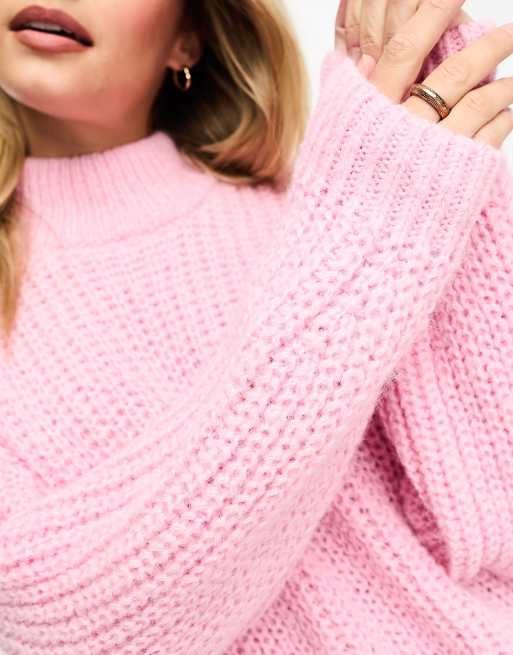 Jersey rosa con cuello alto y mangas voluminosas de punto de canalé grueso de Monki, 3 de 4