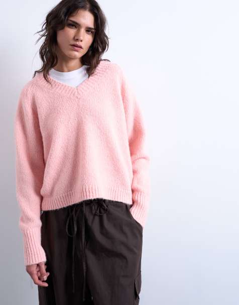 Jersey rosa con cuello de pico de punto mullido de mezcla de lana de Topshop - view 1