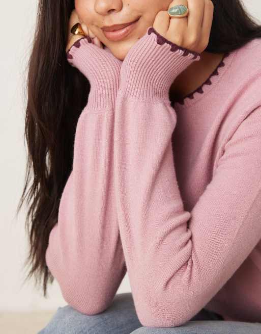 Jersey rosa con cuello redondo y ribetes de punto festón en contraste de Threadbare, 3 de 4