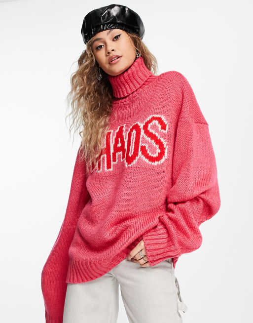 Jersey rosa extragrande con cuello alto y estampado 
