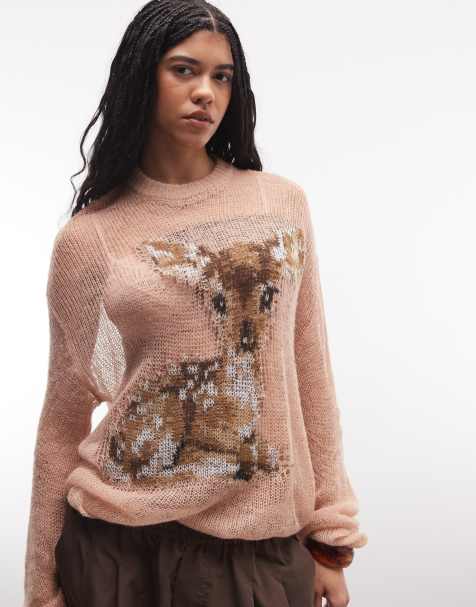 Jersey rosa extragrande con estampado gráfico de ciervo de punto calado de The Ragged Priest - view 1