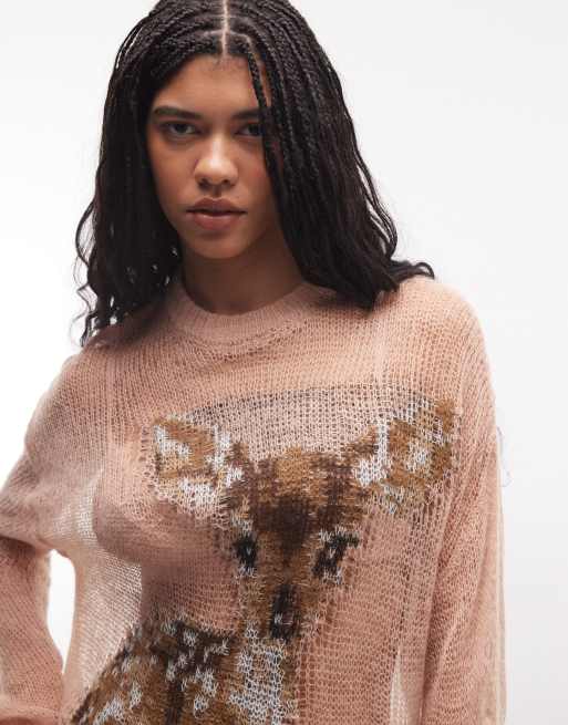 Jersey rosa extragrande con estampado gráfico de ciervo de punto calado de The Ragged Priest, 3 de 4