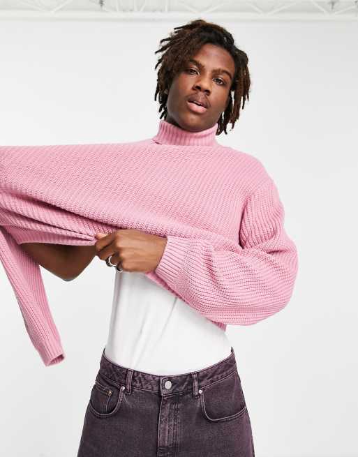 Jersey rosa extragrande estilo pescador de cuello vuelto de canalé de hilos retorcidos de ASOS DESIGN