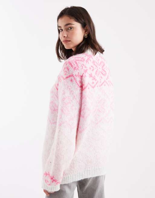 Jersey rosa pastel con cuello alto y estampado de grecas alpinas de punto de Pieces, 3 de 4