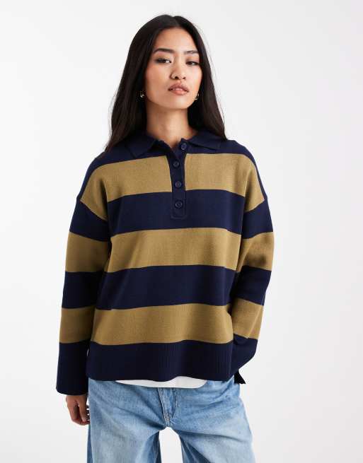 Jersey verde a rayas con cuello tipo polo de punto grueso de New Look