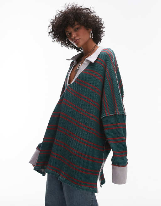 Jersey verde a rayas estilo rugby con cuello tipo polo de Free People, 4 de 4