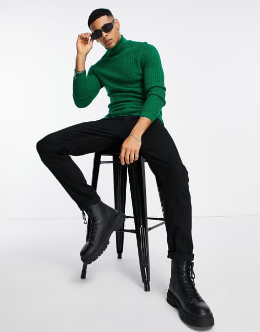 Jersey verde ajustado con cuello vuelto de punto texturizado de ASOS DESIGN