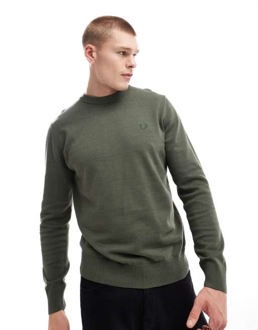 Jersey verde caqui de punto con logo de corona de laurel de bouclé de Fred Perry, 2 de 4
