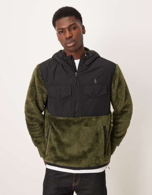 Jersey verde con cremallera corta, diseño híbrido de borreguito efecto sherpa y logo distintivo de Polo Ralph Lauren