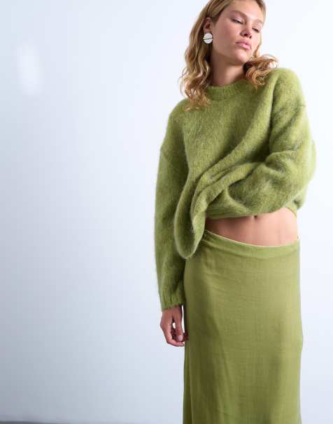 Jersey verde de corte cuadrado con cuello redondo de punto de lana de alpaca premium de Topshop - view 1