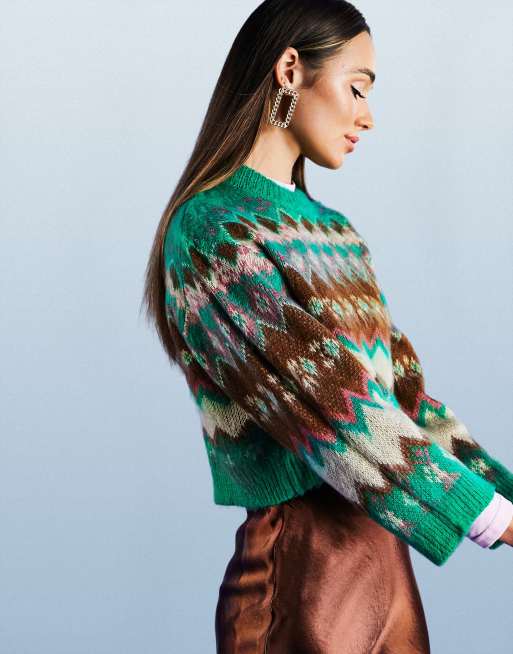 Jersey verde de corte cuadrado con estampado de grecas alpinas de punto mullido de ASOS DESIGN, 3 de 4