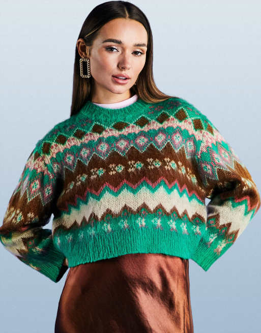 Jersey verde de corte cuadrado con estampado de grecas alpinas de punto mullido de ASOS DESIGN, 4 de 4