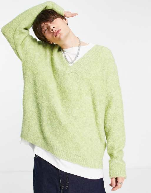 Jersey verde de tacto suave con cuello de pico de punto de hilo afelpado de ASOS DESIGN