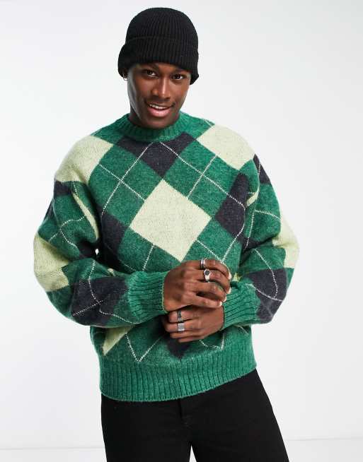 Jersey verde extragrande con estampado de rombos y cuello redondo de punto de River Island