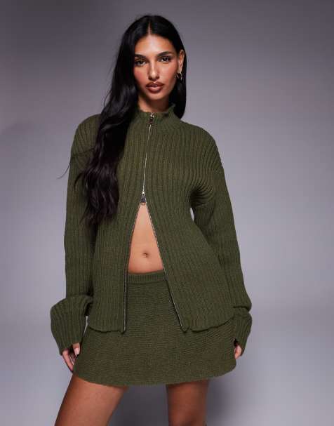 Jersey verde oliva con cremallera doble de punto de canalé exclusivo de Kaiia (parte de un conjunto) - view 1