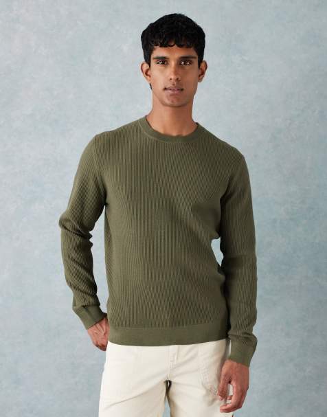 Jersey verde oliva con cuello redondo de punto de mezcla de algodón de Mango - view 1