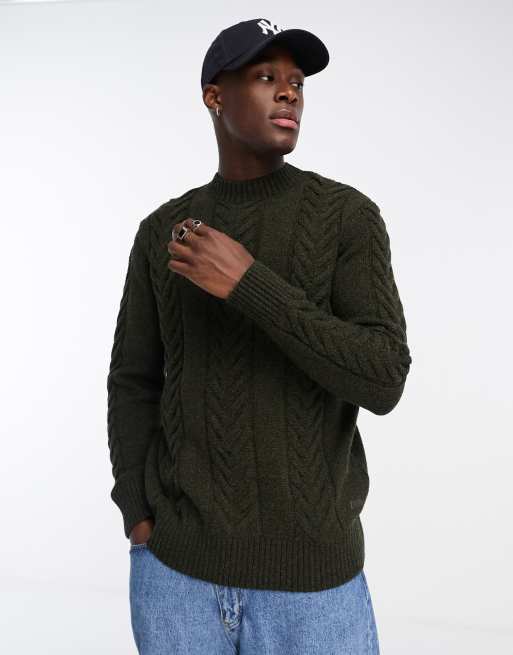 Jersey verde oliva oscuro con cuello redondo de punto de ochos Essential de Barbour