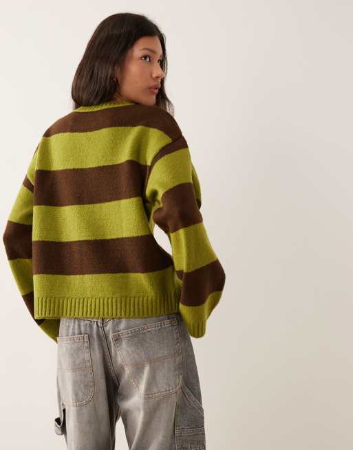 Jersey verde oliva y marrón chocolate a rayas anchas de punto de ASOS DESIGN, 3 de 4