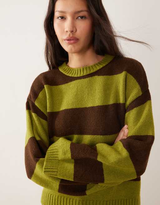 Jersey verde oliva y marrón chocolate a rayas anchas de punto de ASOS DESIGN, 4 de 4