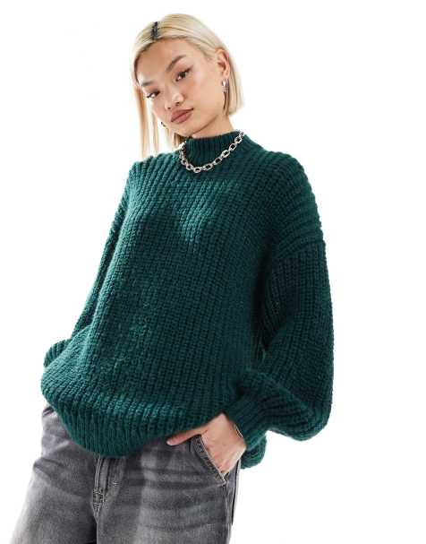 Jersey verde oscuro con cuello alto y mangas voluminosas de punto grueso acanalado de Monki - view 1