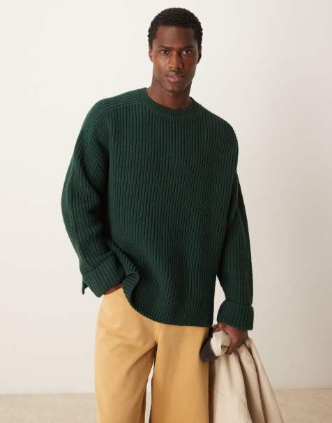 Jersey verde oscuro extragrande de punto acanalado grueso de mezcla de lana de ASOS DESIGN - view 1