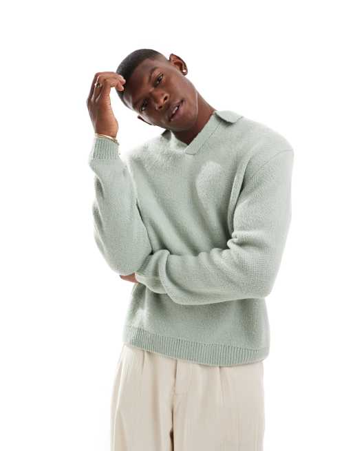 Jersey verde salvia extragrande con cuello tipo polo con muesca de punto cepillado de ASOS DESIGN
