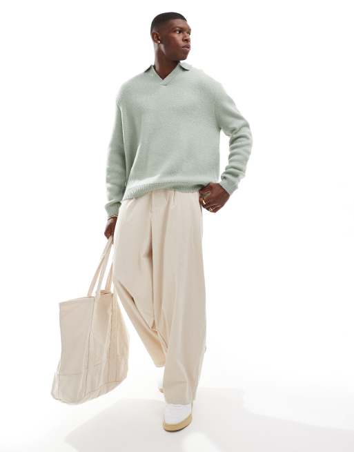 Jersey verde salvia extragrande con cuello tipo polo con muesca de punto cepillado de ASOS DESIGN, 2 de 4