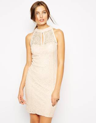 Jessica Wright High Neck Lace Dress-Pink