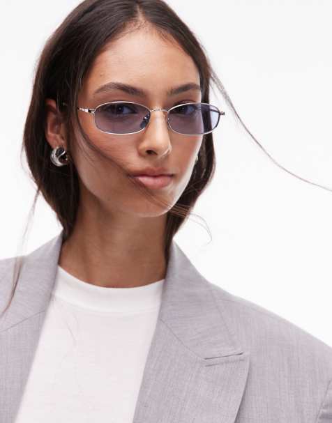 Jimmy Fairly The Vicky rectangular metal sunglasses in silver with blue lens - view 1
