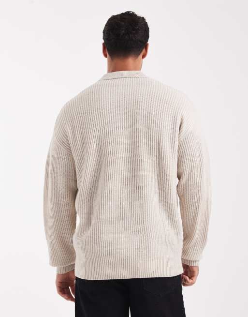 JJ Rebel – Beige, stickad pikétröja i oversize, 3 av 5
