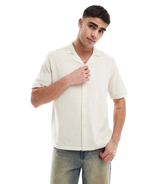 JJ Rebel revere collar button through knitted polo in beige