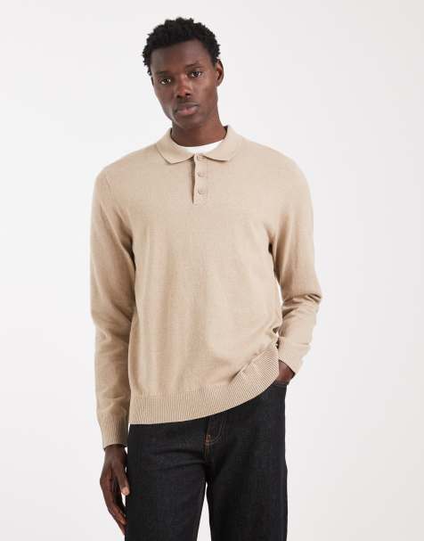 JJ Rebel knitted long sleeve polo in beige