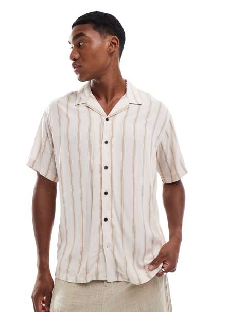 JJ Rebel revere collar short sleeve shirt with stripe in beige