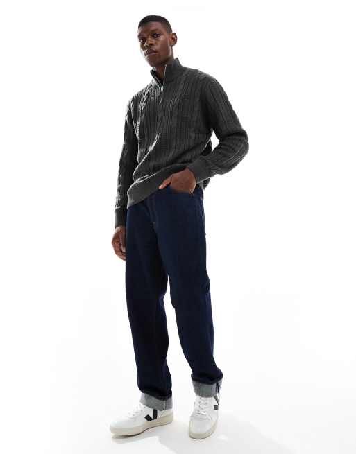 JJ Rebel cable knit 1/4 zip jumper in dark grey, 2 of 5