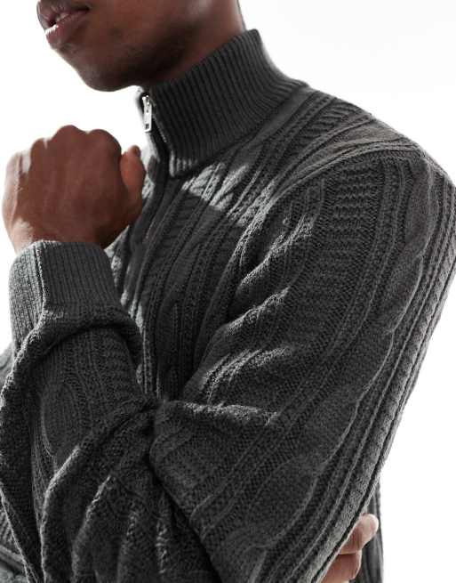 JJ Rebel cable knit 1/4 zip jumper in dark grey, 3 of 5