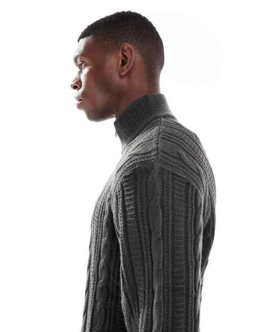 JJ Rebel cable knit 1/4 zip jumper in dark grey, 4 of 5