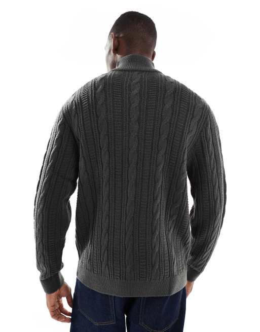 JJ Rebel cable knit 1/4 zip jumper in dark grey, 5 of 5