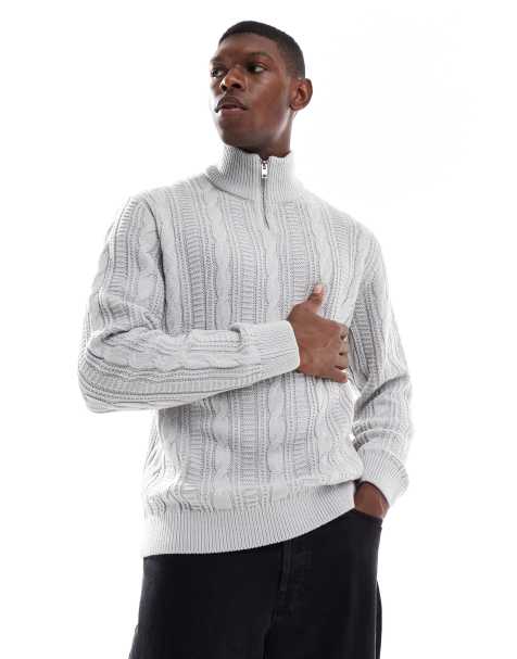 JJ Rebel cable knit 1/4 zip jumper in grey