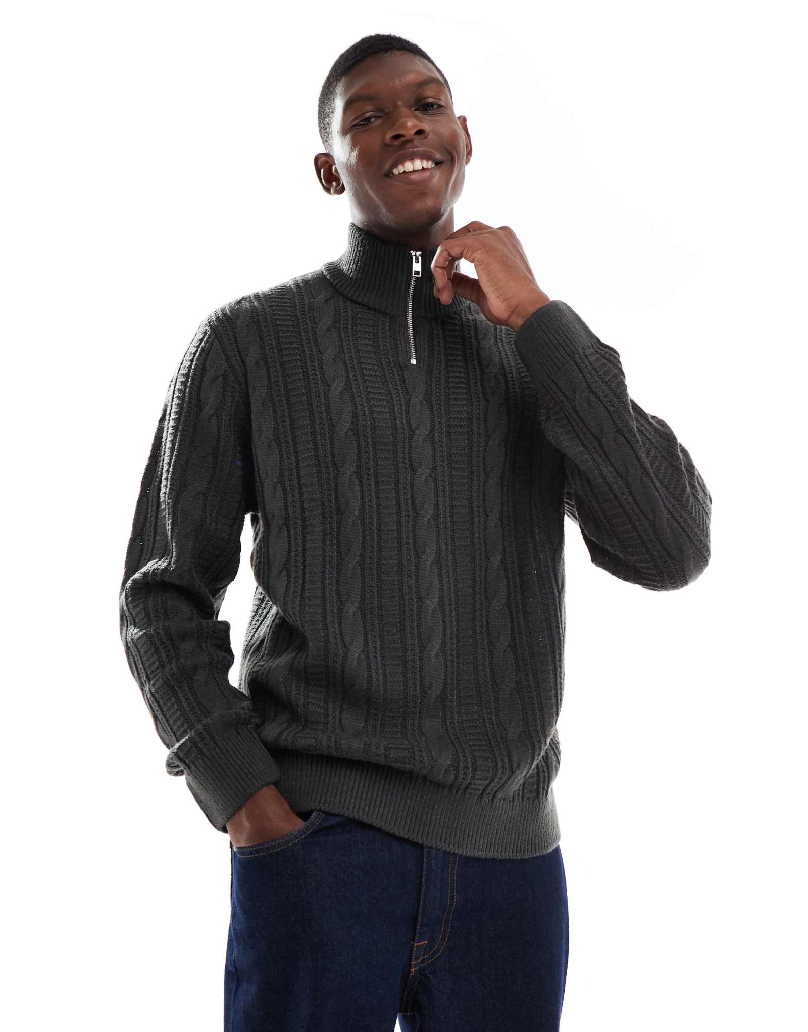 Свитер JJ Rebel cable knit на молнии 1/4 темно-серого цвета