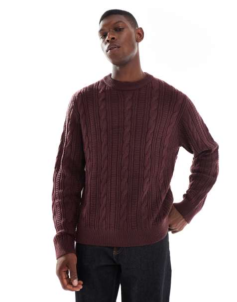 JJ Rebel cable knit jumper in burgundy - view 1