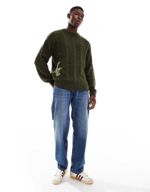 JJ Rebel cable knit sweater in green | ASOS