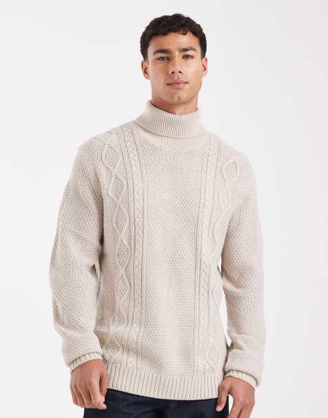 JJ Rebel cable roll neck jumper in beige - view 1