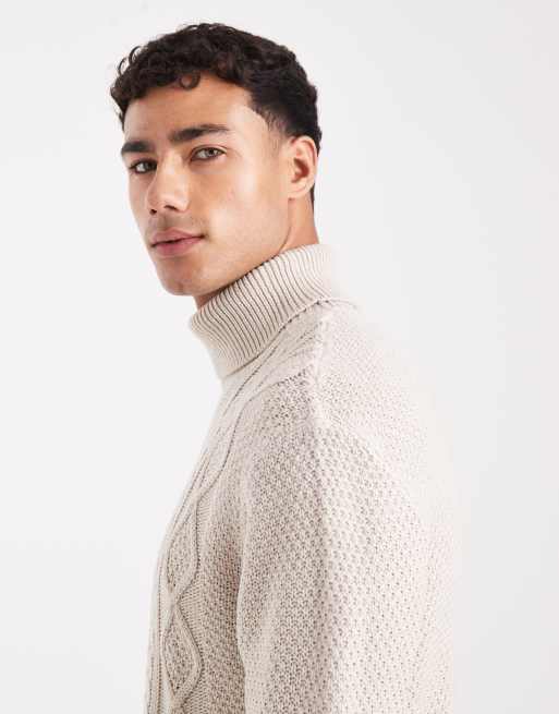 JJ Rebel cable roll neck jumper in beige, 4 of 5