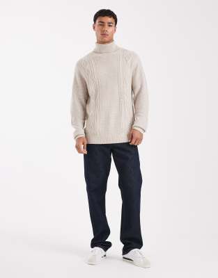 Jj Rebel Cable Roll Neck Sweater In Neutral
