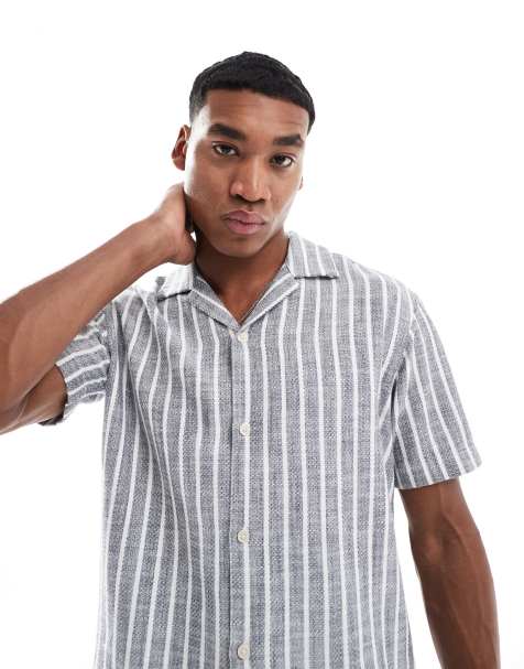 JJ Rebel - Camicia a maniche corte blu a righe testurizzata con rever - view 1