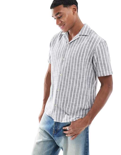 JJ Rebel - Camicia a maniche corte blu a righe testurizzata con rever, 4 di 4