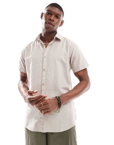 JJ Rebel - Camicia a maniche corte in misto lino beige - view 1