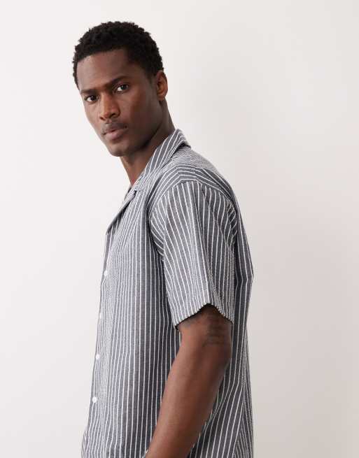 JJ Rebel - Camicia in seersucker blu navy a righe in coordinato, 4 di 5