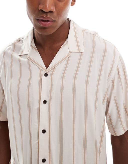 JJ Rebel camp collar short sleeve shirt with stripes in beige, 2 of 4