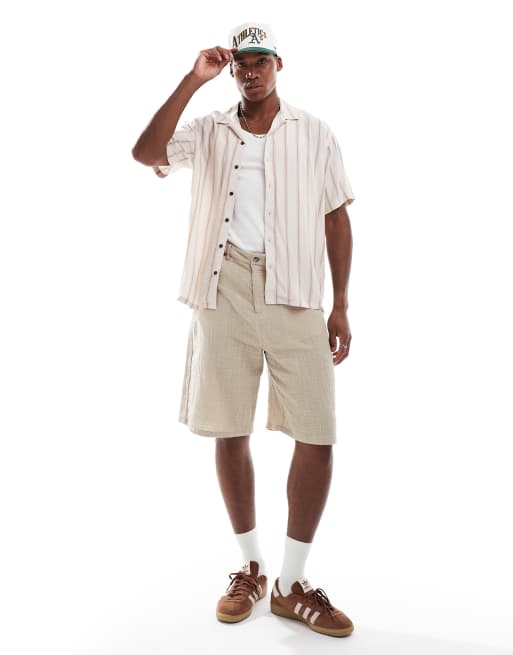 JJ Rebel camp collar short sleeve shirt with stripes in beige, 3 of 4